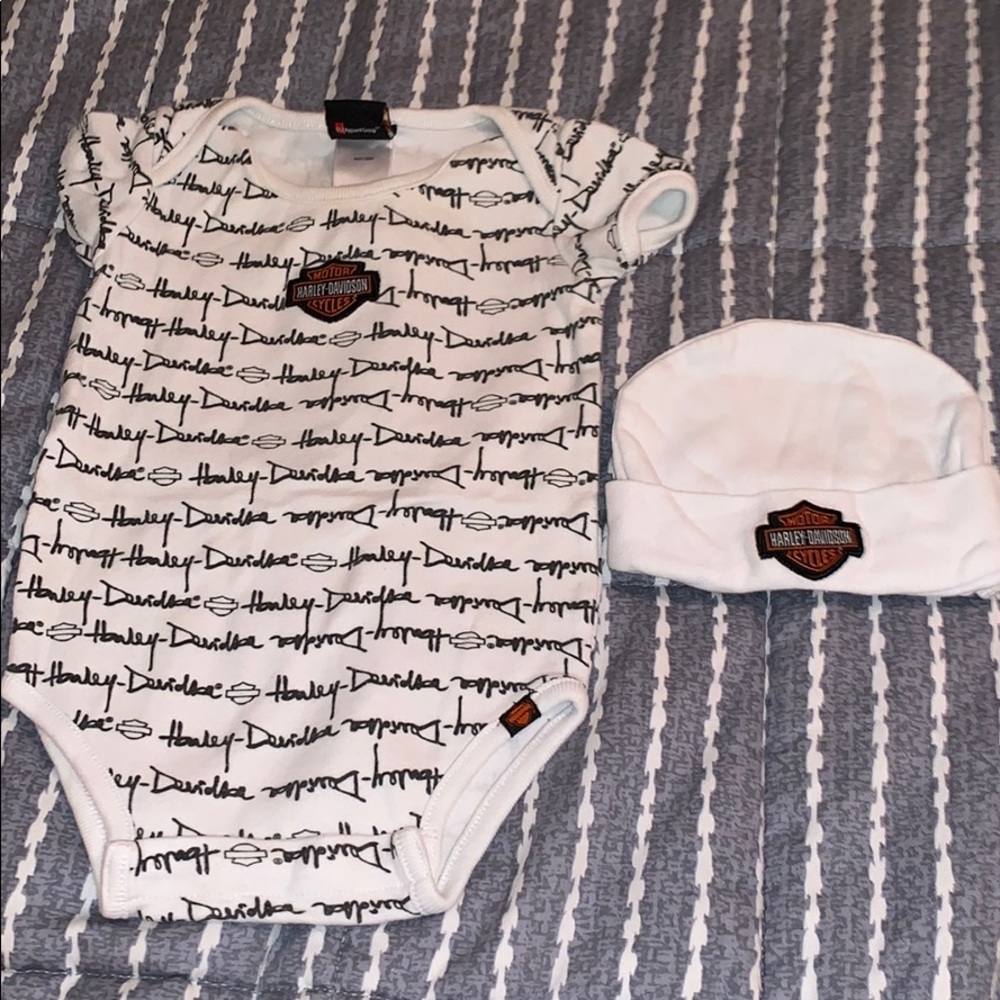 Harley Davidson Onesie and hat set, 3-6 months